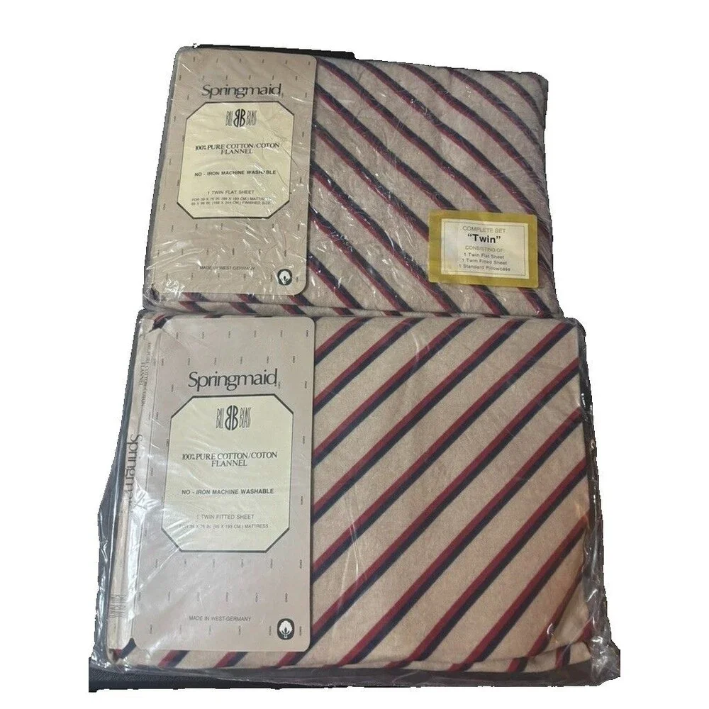 VINTAGE SPRINGMAID BY BILL BLASS TWIN FITTED SHEET, FLAT SHEET FLANNEL STRIPPED
